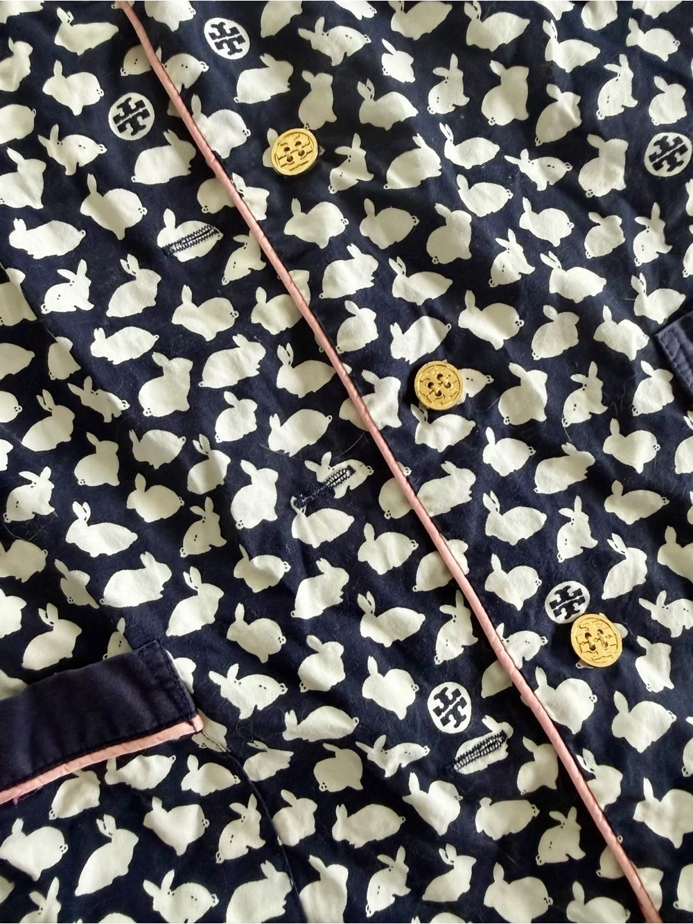 Tory Burch Navy and White Bunny-Print Pajama Set with Pink Piping